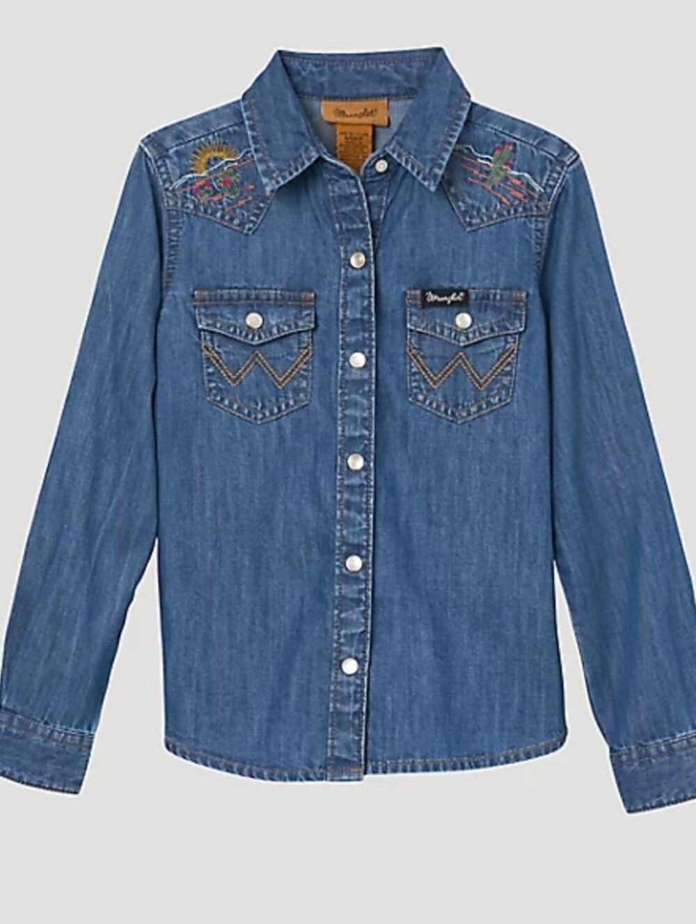 Wrangler Cowgirl Embroidered Western Denim Pearl Snap Shirt Desert Scene Rodeo